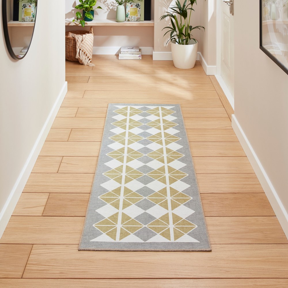 Victoria H1184 Modern Geometric Washable Runner Rugs in Grey Yellow